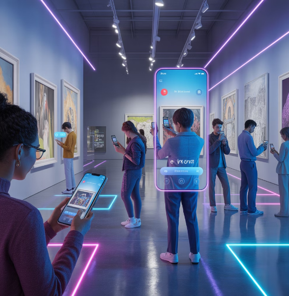 Visitatori in museo che utilizzano un’app turistica con realtà aumentata per contenuti interattivi, percorsi digitali e valorizzazione del patrimonio culturale